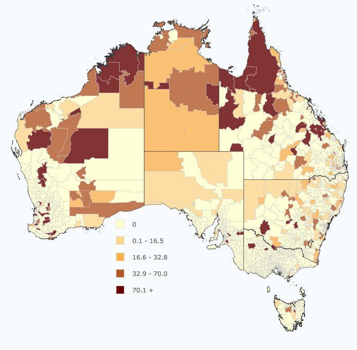 The indigenous suicide rate measured by postcode between 2001-2012. This map shows the Indigenous suicide rate per 100,000 people per year.