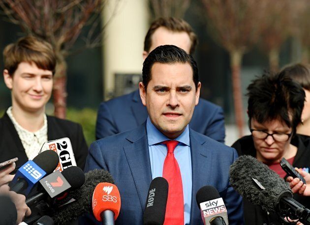 Marriage equality campaigner Alex Greenwich speaking at a press conference before court.
