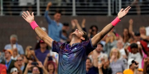 Argentina's Juan Martin del Potro celebrates after defeating Austria's Dominic Thiem.