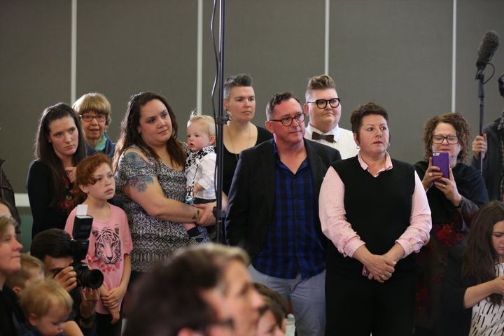 Rainbow families at Shorten's press conference on Tuesday, where he announced Labor would oppose the plebiscite