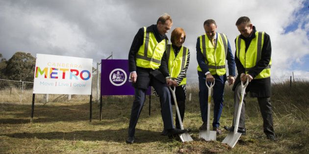 News ACT Ministers Simon Corbell, Meegan Fitzharris, Andrew Barr, and Shane Rattenbury turn the first sods of the Light Rail project.