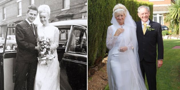 The wedding dress and suit still fit like a glove after all these years. 