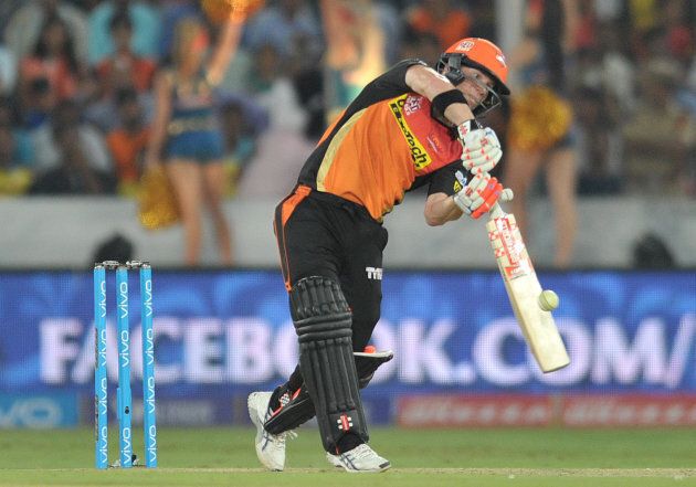 David Warner plays a shot during the 2016 Indian Premier League (IPL) Twenty20 cricket match between Sunrisers Hyderabad and Mumbai Indians.