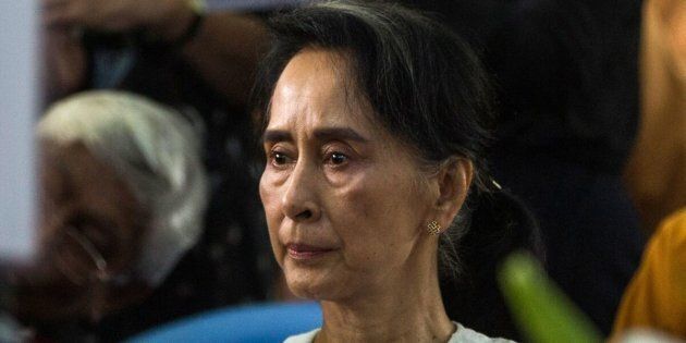 Myanmar's State Counselor Aung San Suu Kyi attends the funeral service for the National League for Democracy (NLD) party's former chairman Aung Shwe in Yangon on August 17, 2017. / AFP PHOTO (Photo credit should read /AFP/Getty Images)