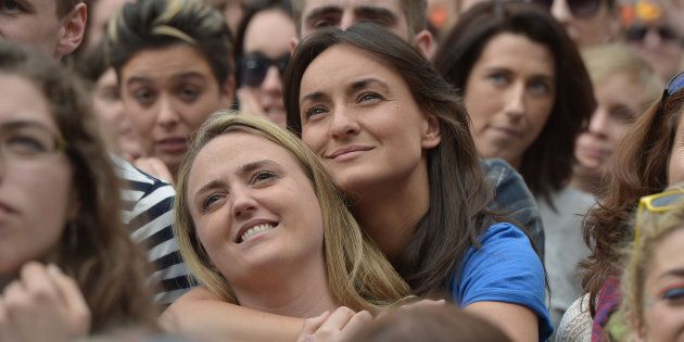 Thousands of people celebrate in Dublin Castle Square as the result of the referendum is relayed on May 23, 2015 in Dublin, Ireland.