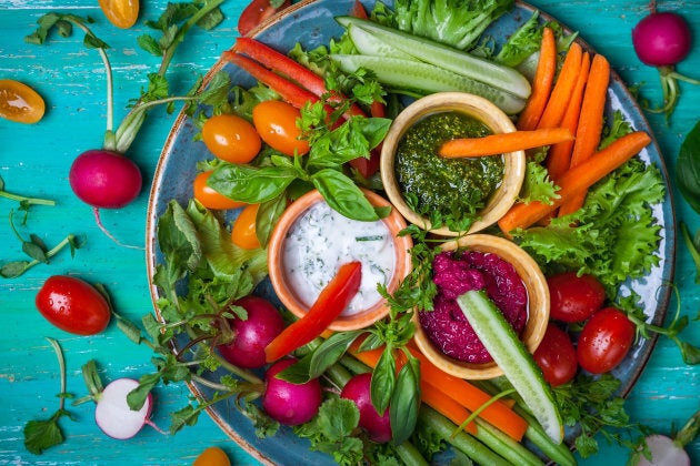 Dip veggie sticks into homemade hummus, tzatziki and pesto.