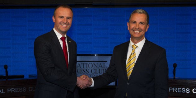 ACT Chief Minister Andrew Barr and Opposition Leader Jeremy Hanson at the ACT leadership debate