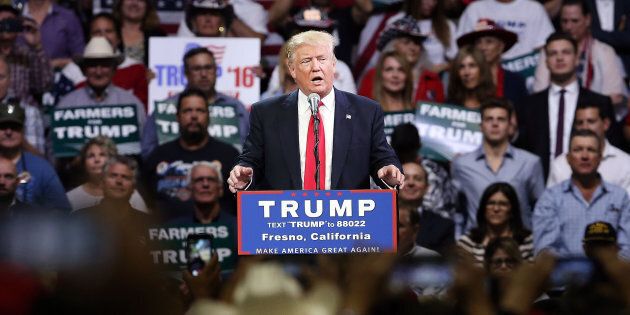 FRESNO, CA - MAY 27: Presumptive Republican presidential candidate Donald Trump speaks at a rally in Fresno on May 27, 2016 in Fresno, California. Trump is on a Western campaign trip which saw stops in North Dakota and Montana yesterday and two more in California today. (Photo by Spencer Platt/Getty Images)