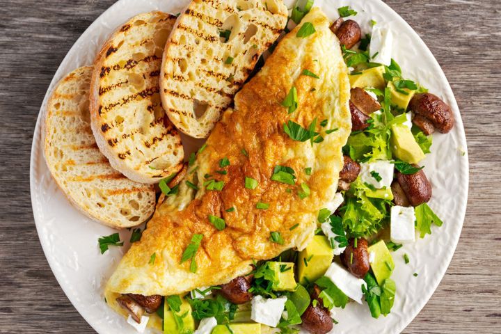Try adding mushrooms, feta, olives and avocado for a Mediterranean-style omelette.