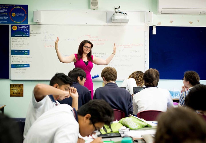 Teacher Sarah Hewat with her class.