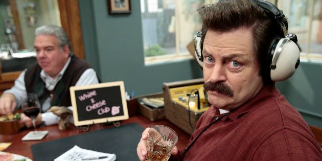 PARKS & RECREATION -- 'Farmers Market' Episode 612 -- Pictured: (l-r) Jim O'Heir as Jerry, Nick Offerman as Ron Swanson -- (Photo by: Chris Haston/NBC/NBCU Photo Bank via Getty Images)
