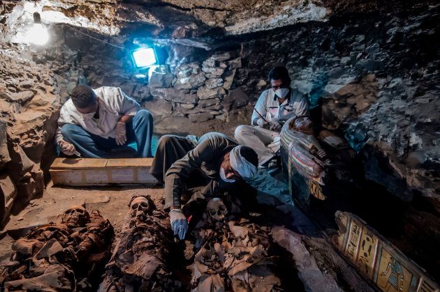 Egyptian labourers and archaeologists have unearthed a number of mummies at the newly-uncovered ancient tomb for a goldsmith dedicated to the ancient Egyptian god Amun, in the Draa Abul Naga necropolis on the west bank of the ancient city of Luxor.
