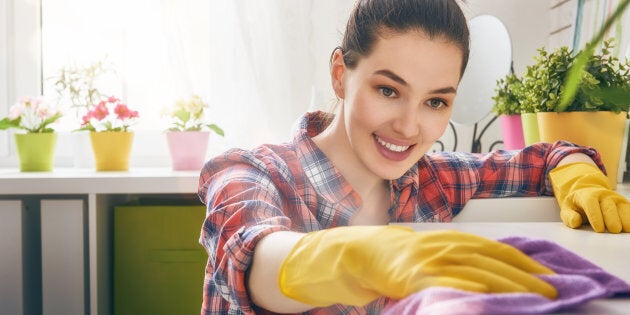 Beautiful young woman makes cleaning the house. Girl rubs dust.