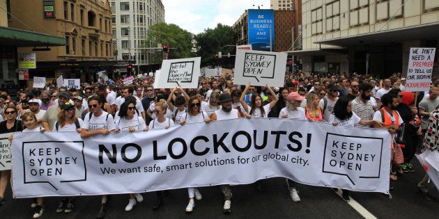 Protestors rally against the Sydney lockouts in February.