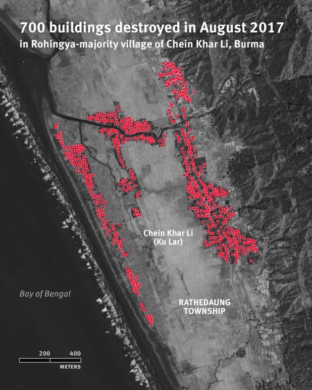Map locating 700 buildings destroyed in August 2017 in the Rohingya-majority village of Chein Khar Li, Burma.