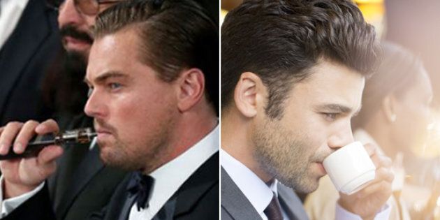 Actor leonardo Dicaprio vapes at an awards ceremony, and a man drinks coffee, the old fashioned way.
