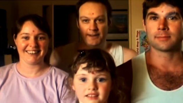 Chantelle McDougall, 27, in the bizarre video she sent her parents before her disappearance, along with daughter Leela, 6, flatmate Tony Popic, 40 (right) and partner Simon Kadwell, 45 (back).