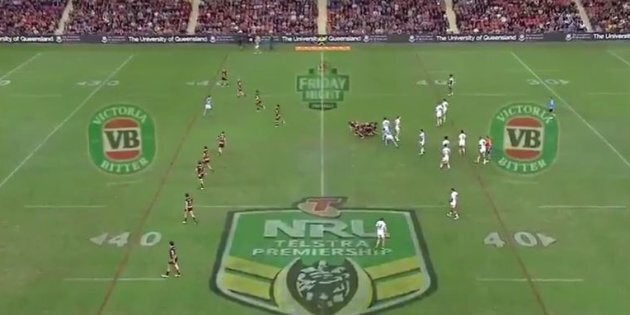 VB logos displayed on the ground of an NRL match last week