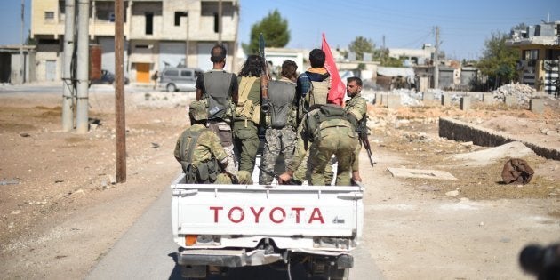 A convoy belonging to the Members of Free Syrian Army (FSA), enters Dabiq village of Aleppo after drove Deash terrorists from the village in Aleppo, Syria on October 16, 2016