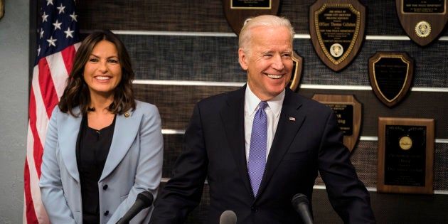 LAW & ORDER: SPECIAL VICTIMS UNIT -- 'Making a Rapist' Episode 1802 -- Pictured: (l-r) Mariska Hargitay as Lieutenant Olivia Benson, Vice President Joe Biden -- (Photo by: Michael Parmelee/NBC/NBCU Photo Bank via Getty Images)