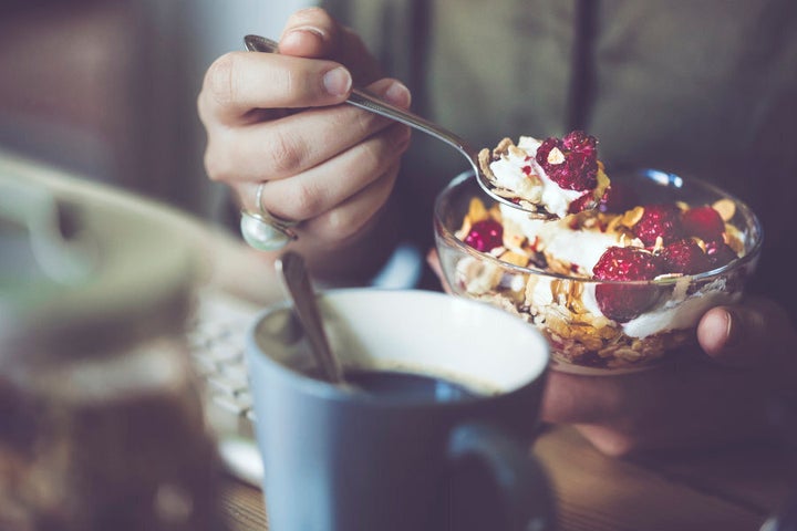 Make sure your brekkie has complex carbs (e.g. oats or whole grain toast), protein (yoghurt or eggs) and healthy fats (nuts or avocado).