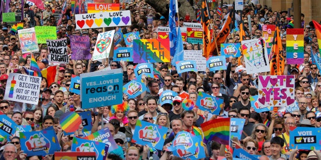 Thousands gather at a rally for marriage equality of same-sex couples in Sydney, Australia, September 10, 2017. REUTERS/Jason Reed