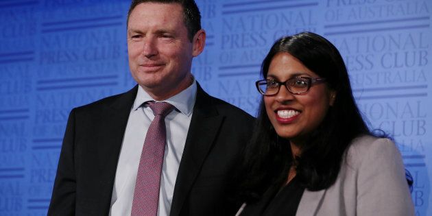 Lyle Shelton, Managing Director of the Australian Christian Lobby and Karina Okotel, Vice President of the Federal Liberal Party, at the National Press Club.