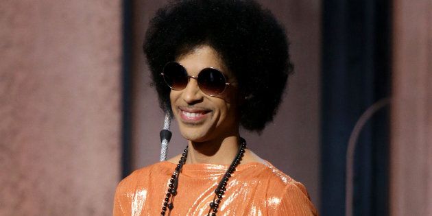 Prince speaks onstage during the Grammy Awards in 2015 in Los Angeles.