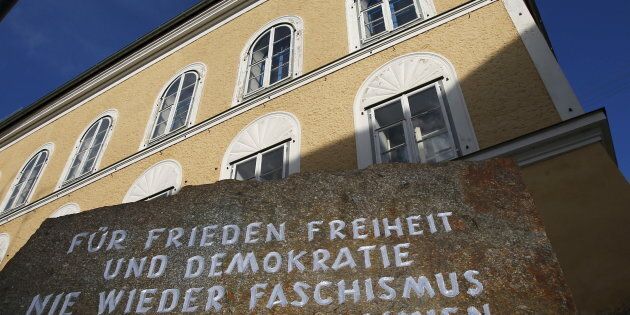 A stone outside the house in which Adolf Hitler was born, reads 'For peace, freedom and democracy, never again fascism, millions of dead are a warning' in Braunau am Inn, Austria.
