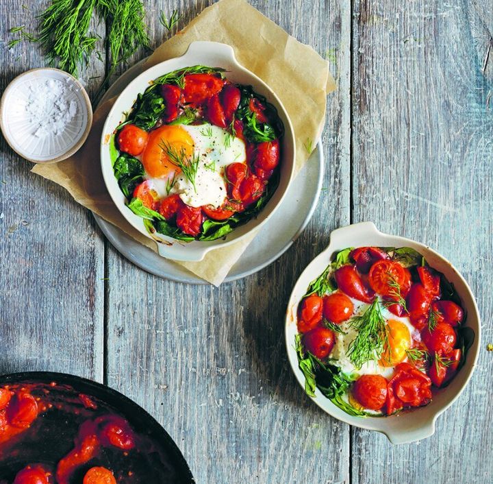 Oozy, gooey baked eggs with roma tomatoes and labneh.