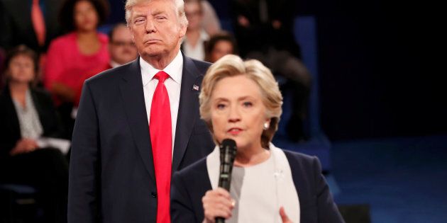 Donald Trump and Hillary Clinton at the presidential town hall debate in Missouri on October 9