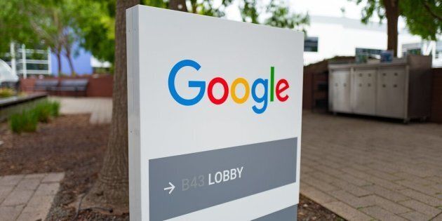 Google signage with logo at the Googleplex, headquarters of Google Inc in the Silicon Valley town of Mountain View, California, April 7, 2017. (Photo via Smith Collection/Gado/Getty Images).