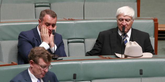 Liberal MP Tim Wilson and Independent MP Bob Katter during a division on the Plebiscite Bill
