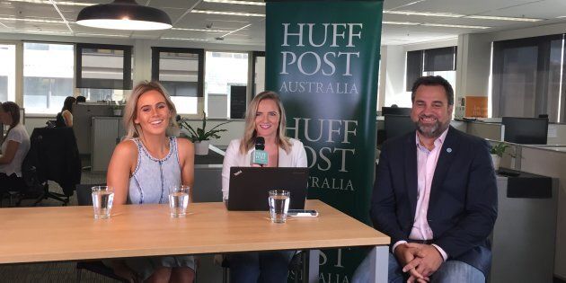 Lifeline Ambassador Dara Hayes and Lifeline CEO Peter Shmigel do a Facebook Live broadcast with HuffPost Australia's Julia Naughton.