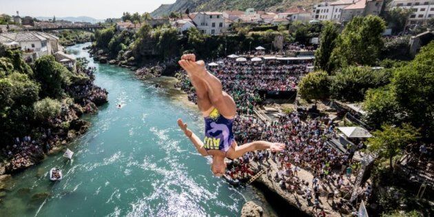 Wheeeee! This is Iffland diving off the famous Mostar Bridge in Bosnia and Herzegovina.