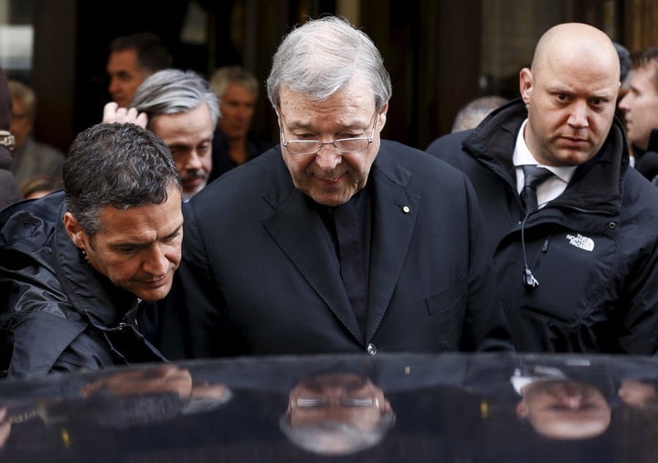 Cardinal George Pell leaves at the end of a meeting with the victims of sex abuse, at the Quirinale hotel in Rome, Italy, March 3, 2016.