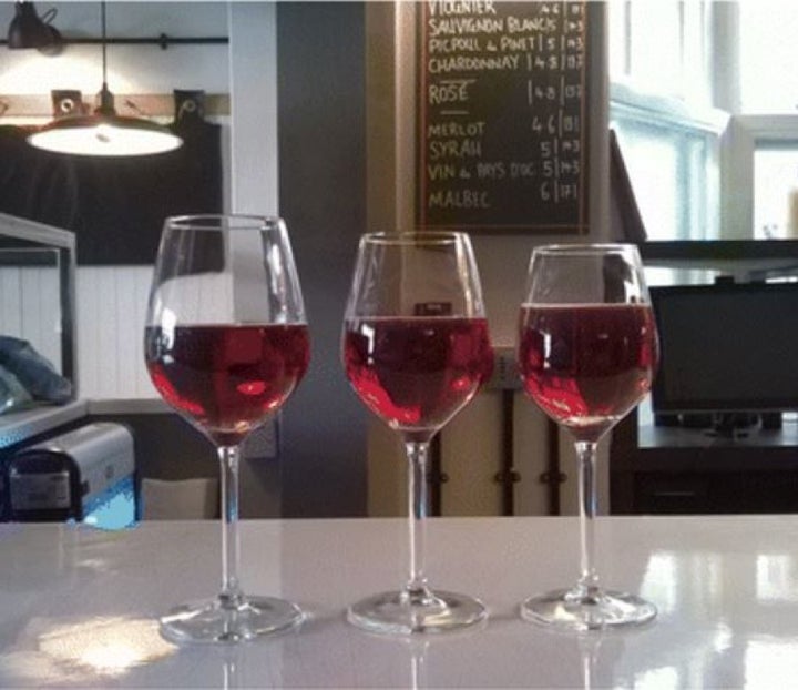 The three sizes of wine glasses that were used in the study - 370mL, 300mL and 250mL.