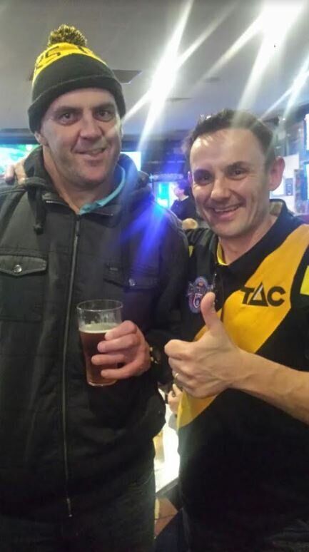 That's Steve on the right with his favourite Richmond player Scott Turner (in the beanie), whom he just happened to bump into recently while he was wearing -- WAIT FOR IT -- Scott Turner's old jumper. Steve joked if he wanted it back. Turner said nah mate, he'd be right.