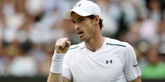 Andy Murray reacts after winning a point on the seventh day of the 2017 Wimbledon Championships on July 10.