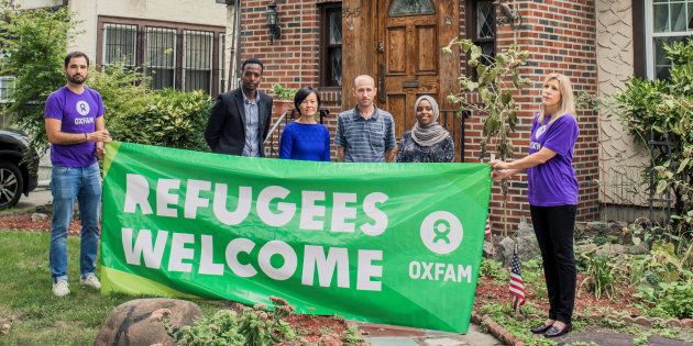 Oxfam invites refugees from Somalia, Vietnam and Syria to Donald Trump's childhood home.