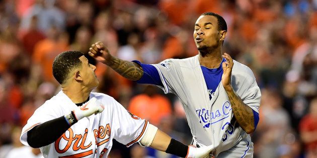 For the Kansas City Royals pitcher, it was a swing and a miss. His Baltimore Orioles opponent, however, sure as hell connected with his punch.