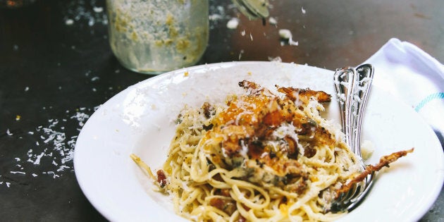 Here is a pancetta carbonara with trout roe.