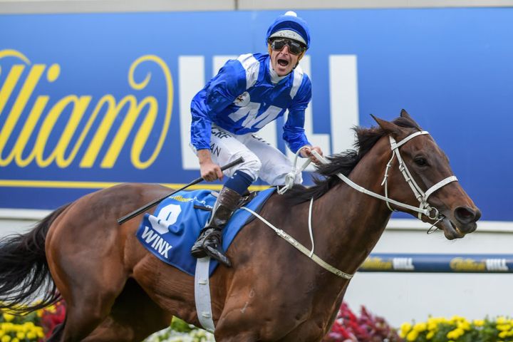 Jockey Hugh Bowman shouts in exultation while Winx just appears to be grinning to herself.