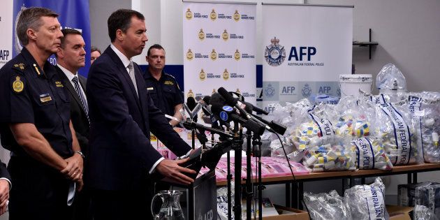 Justice Minister Michael Keenan at a press conference during a presentation of seized crystal methamphetamine concealed in packaging at the Australian Federal Police headquarters in Sydney on February 15, 2016.