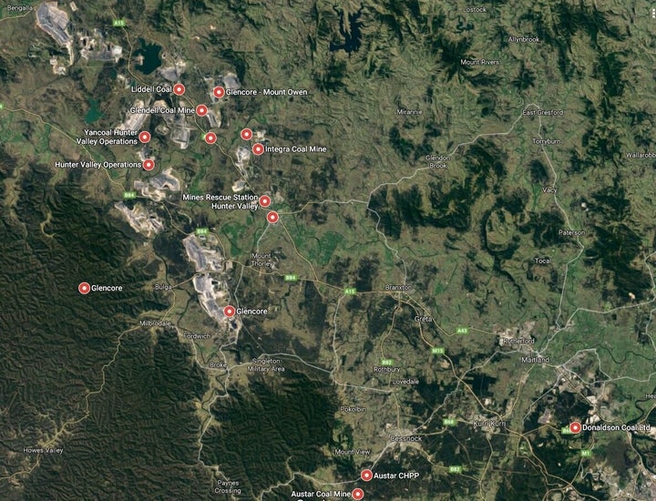 Wines and mines. This Google satellite view image shows some of the main Hunter Valley mines. The city of Newcastle is just out of shot to the right and the famous wine district around Pokolbin is near the bottom of the image.