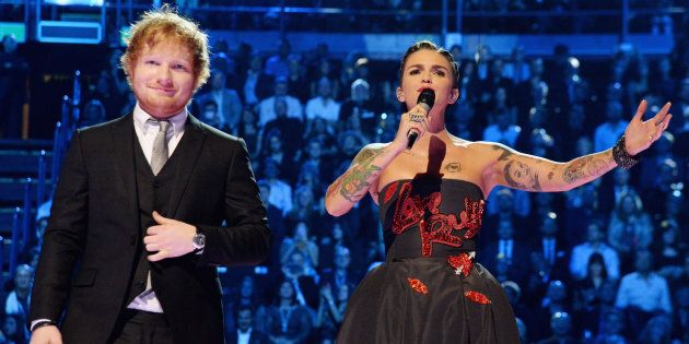 MILAN, ITALY - OCTOBER 25: Co-hosts, musician Ed Sheeran and actress Ruby Rose appear on stage during the MTV EMA's 2015 at the Mediolanum Forum on October 25, 2015 in Milan, Italy. (Photo by Jeff Kravitz/FilmMagic)