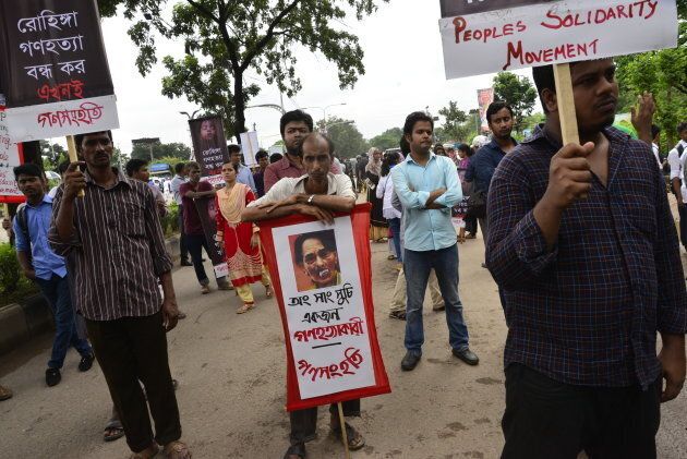 Bangladeshi Peoples' Solidarity Movement party's activist stage demonstration in front of Dhaka's United Nation Office demanding stop Genocide on Rohingya.