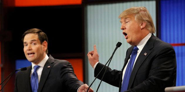 Sen. Marco Rubio (R-Fla.) and business man Donald Trump spoke at the Republican presidential debate in Detroit, Michigan, on March 3, 2016.
