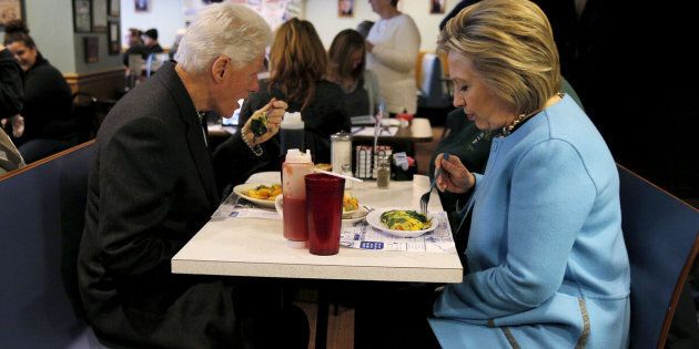 Hillary and Bill Clinton eat breakfast at Chez Vachon restaurant in Manchester, New Hampshire on February 8, 2016.
