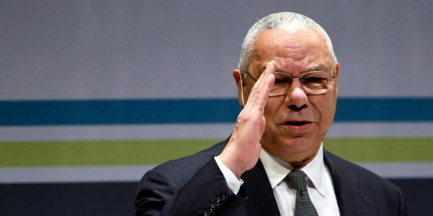 Former U.S. Secretary of State Colin Powell salutes the audience as he takes the stage at the Washington Ideas Forum in Washington, September 30, 2015. REUTERS/Jonathan Ernst